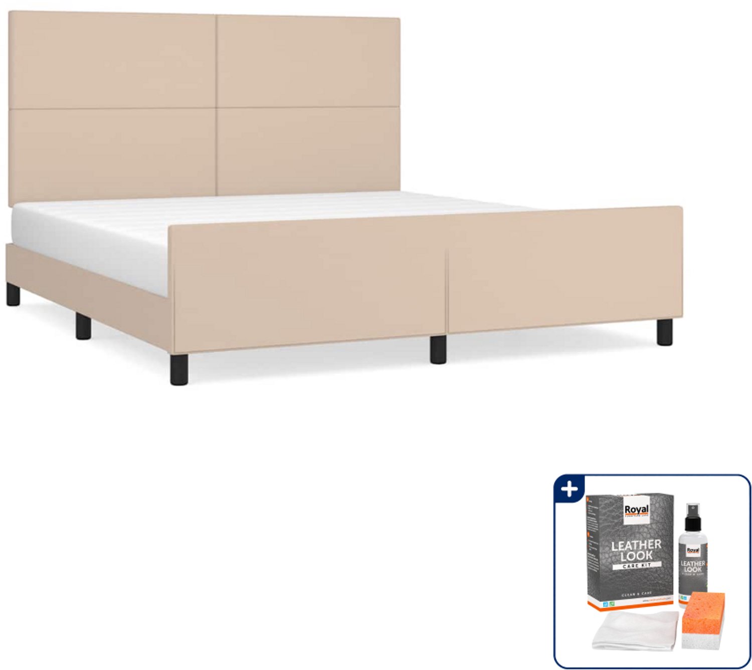 vidaXL bedframe met hoofdbord - Kingsize - 180 x 200 cm - cappuccino - Inclusief onderhoudsset voor kunstleer 150 ml Bruin