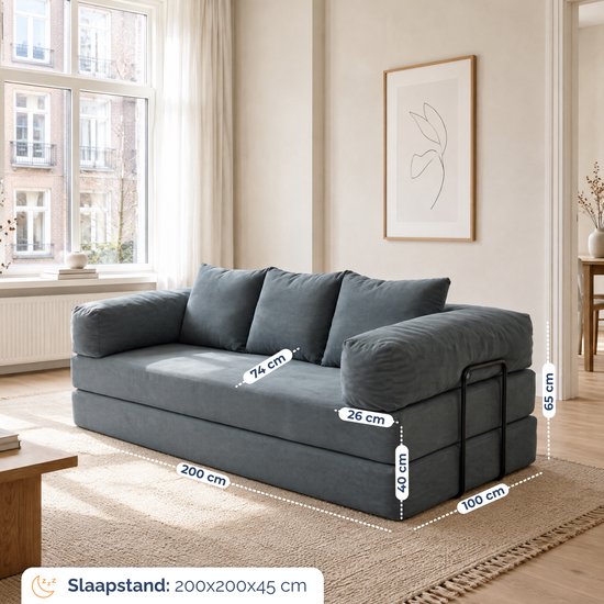 Blauwe corduroy slaapbank met afmetingen weergegeven in centimeters.