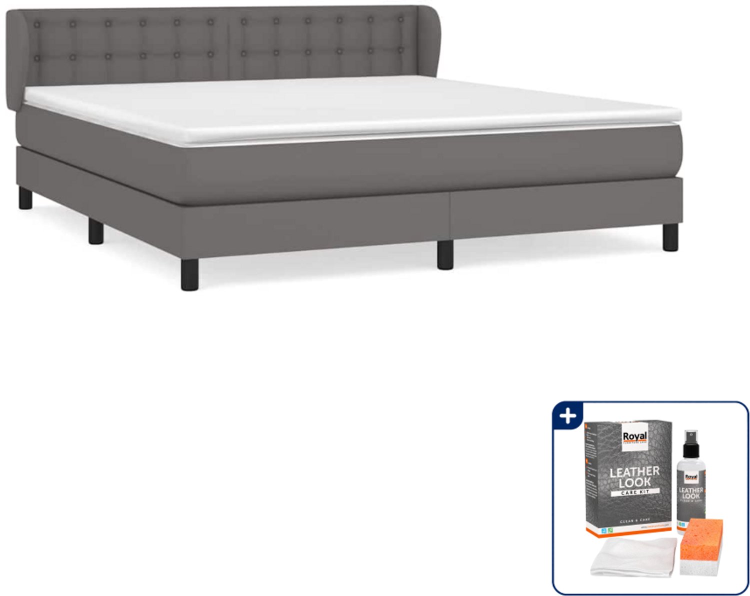 vidaXL Boxspring Kingsize - 180 x 200 cm - kunstleer - grijs - Inclusief onderhoudsset voor kunstleer 150 ml