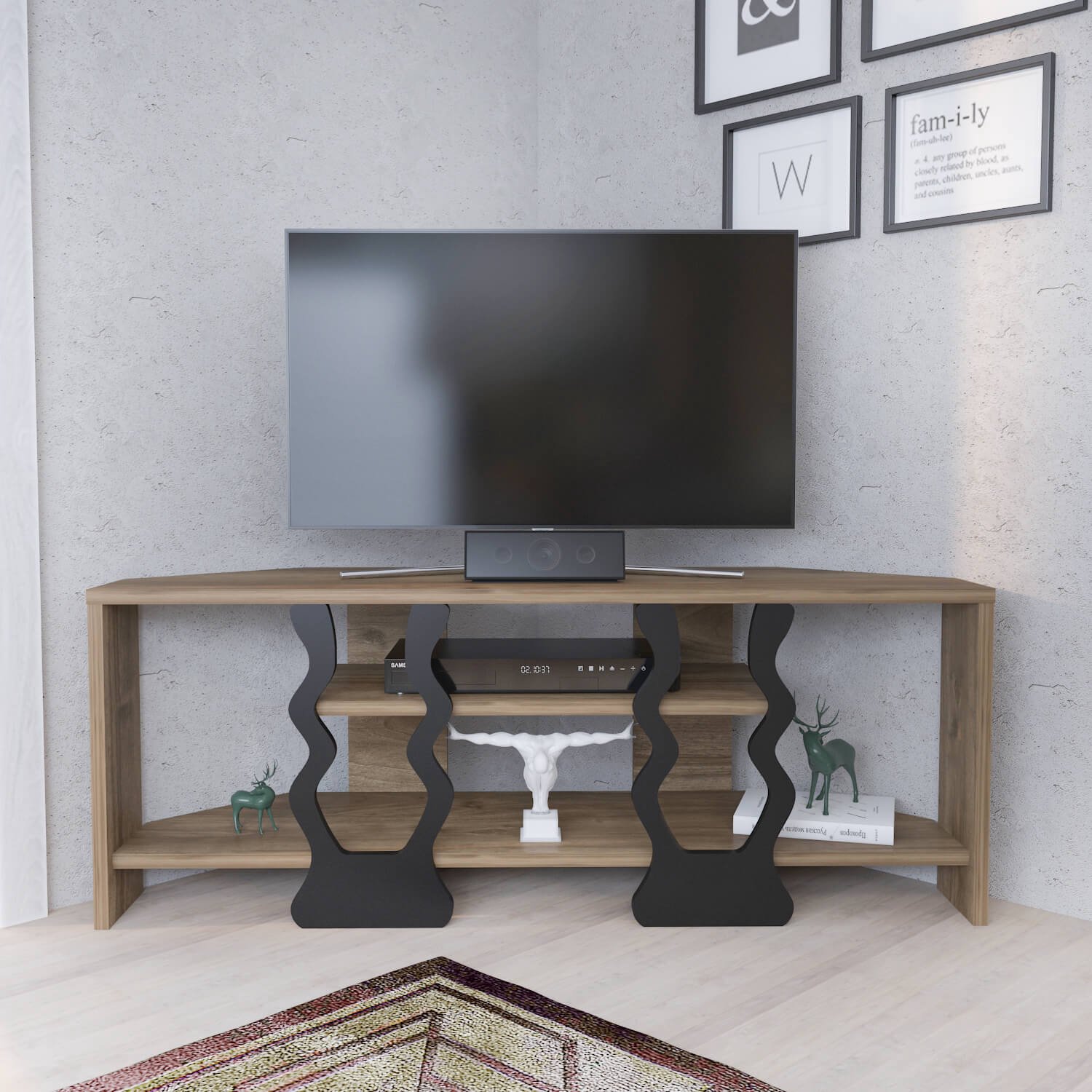 Decorotika TV Meubel Walnootlook en Zwart 110 cm – Modern Televisiemeubel met Open Vakken – Design TV Kast met Opbergruimte – 110x35x42 cm Walnoot - Zwart