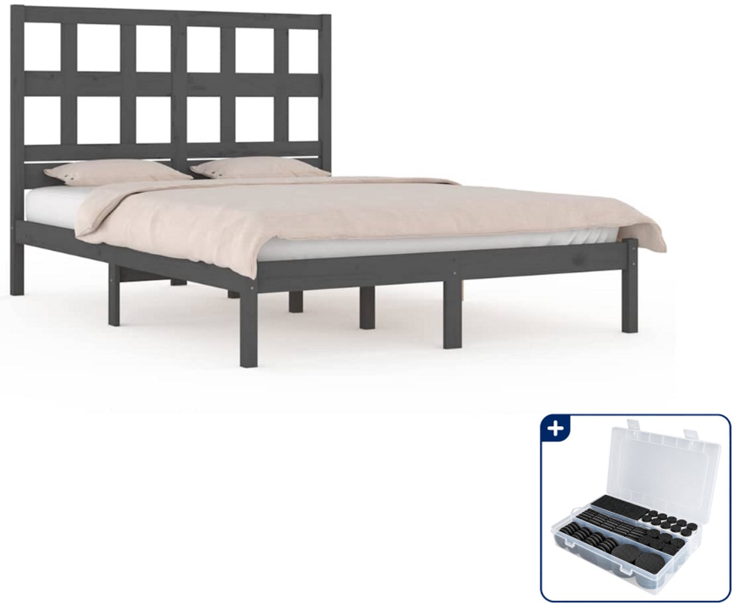 vidaXL bedframe - 200 x 200 cm - massief grenenhout - grijs - Inclusief antikrasvilt 177-delig Blauw