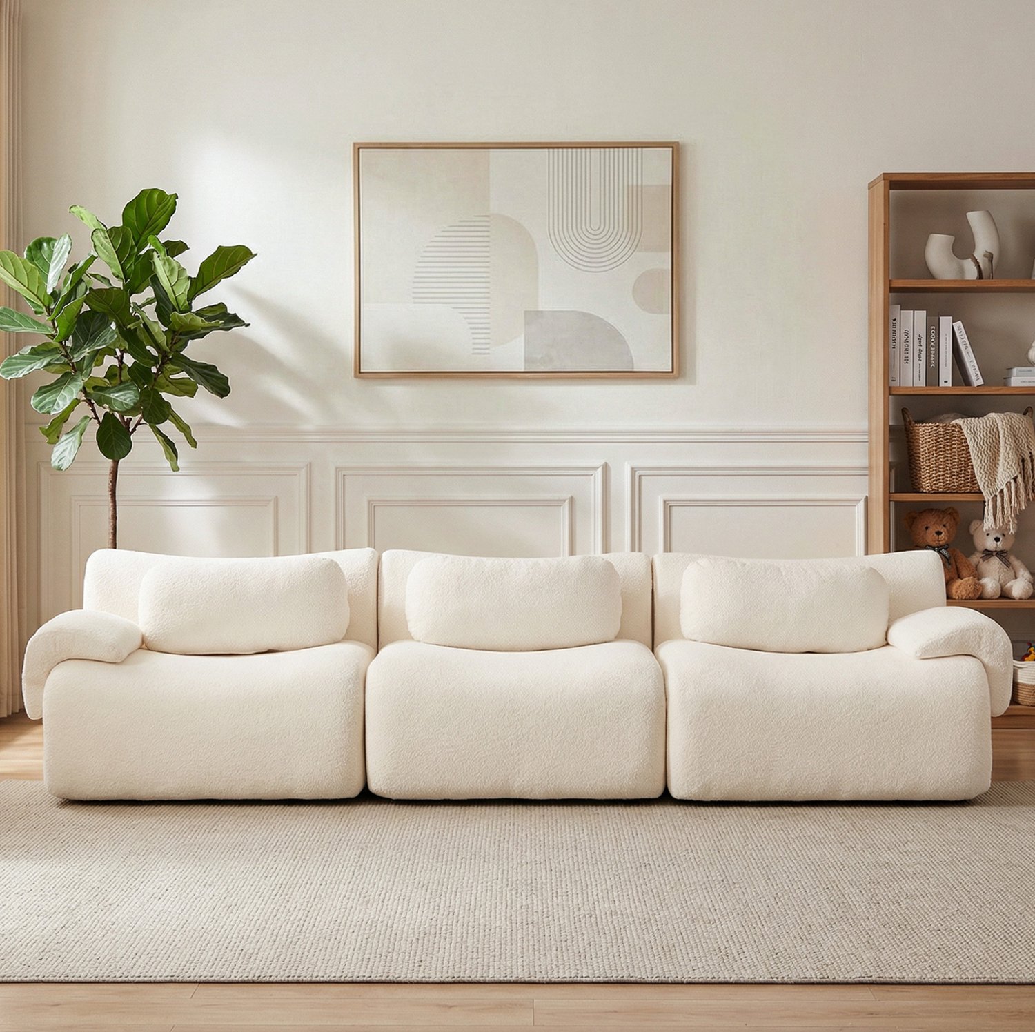 OKWISH Zitbank 3-Zits 288 x 101 x 69 cm - Dikke Zitkussens en Brede Armleuningen - Voor de Woonkamer - Chenille - Wit