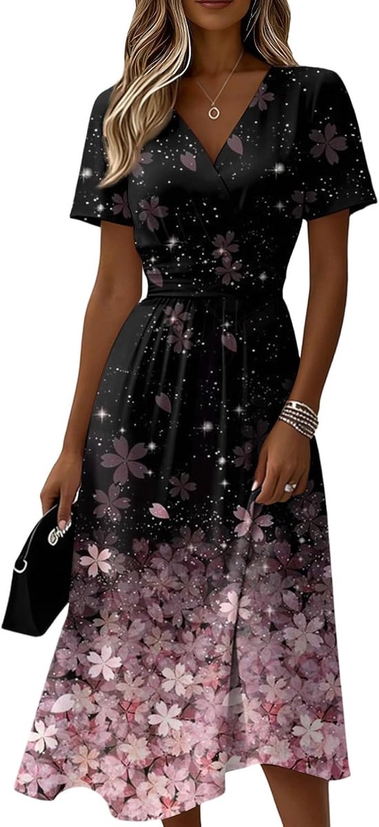 Kleider Damen Sommer Lang Tailliert Sommerkleid Damen Elegant Midi Kleid A Linie Festlich Curvy Sommerkleider Leicht Und Luftig Midikleid Frauen V Ausschnitt Kurzarm Strandkleid