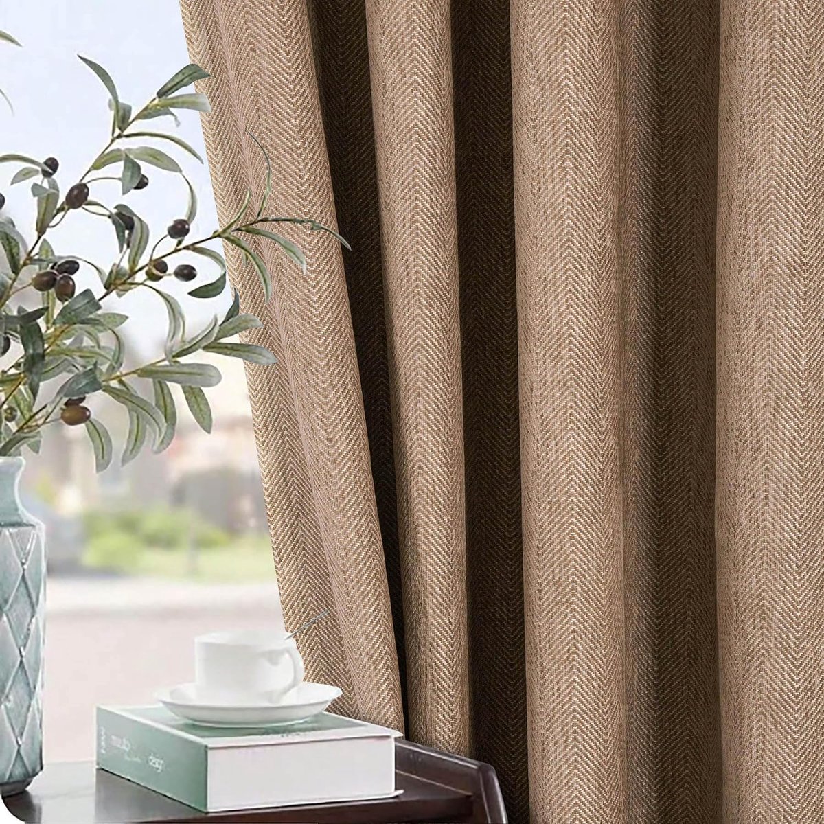 Always4u Gordijnen, ondoorzichtig, 100% met ringen, visgraat, thermogordijn, koudebescherming, chevron, verduisteringsgordijnen met aangenaam linnen handvat, voor slaapkamer en woonkamer, beige, set