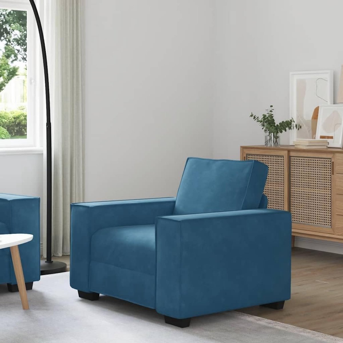 Blauw, 60 cm, fluweel, met brede armleuningen en robuust houten metalen frame voor hoog comfort en ontspanning op kantoor of logeerkamer