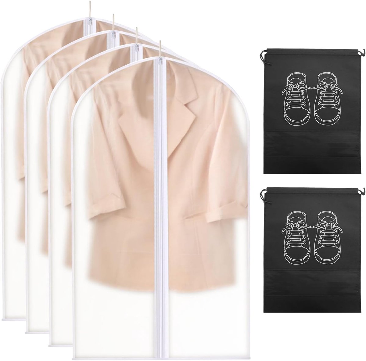4 x stofhoes voor kleding, 2 x schoenenzakken, transparante kledingopbergtas, stofhoes voor kleding, beschermtas voor kleding met ritssluiting