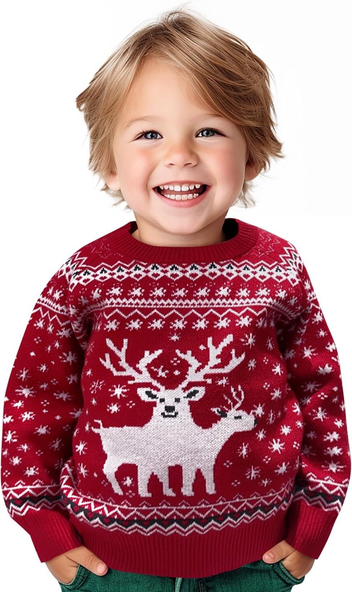 Kersttrui voor kinderen, grappige kersttrui, lelijke kerstsweater, ronde hals, gebreide trui met rendier, uniseks, kersttrui, familieset, kinderen, rood, 8 jaar, Kind-rood, 8 Jaren
