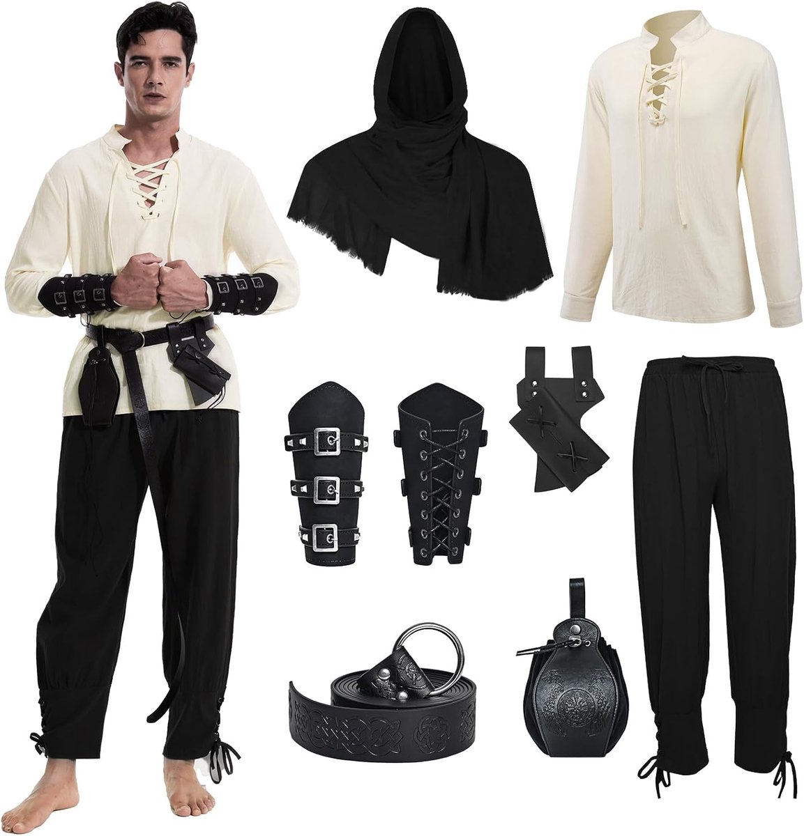 renaissance-kostuum voor heren, Viking-kostuum, veterhemd, herenbroek met accessoires, Halloween-kostuum voor cosplay, maskerade, tovenaar