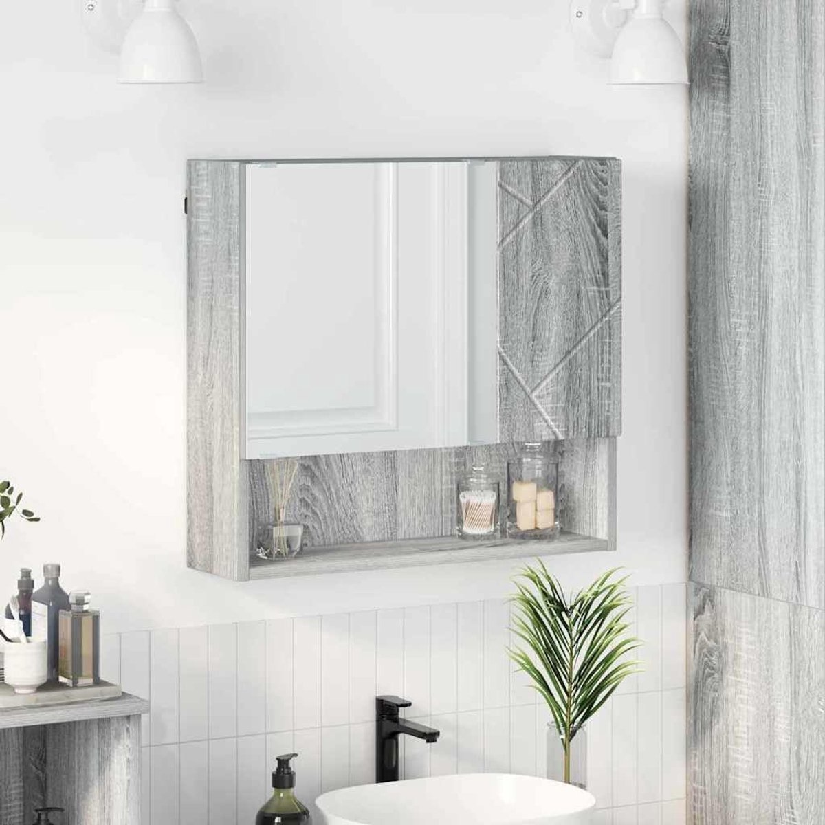 Badkamerspiegelkast voor wandmontage, 59 x 17 x 55 cm, van houtmateriaal in grijs, met minimalistisch design en veel opbergruimte voor toiletartikelen en cosmetica.
