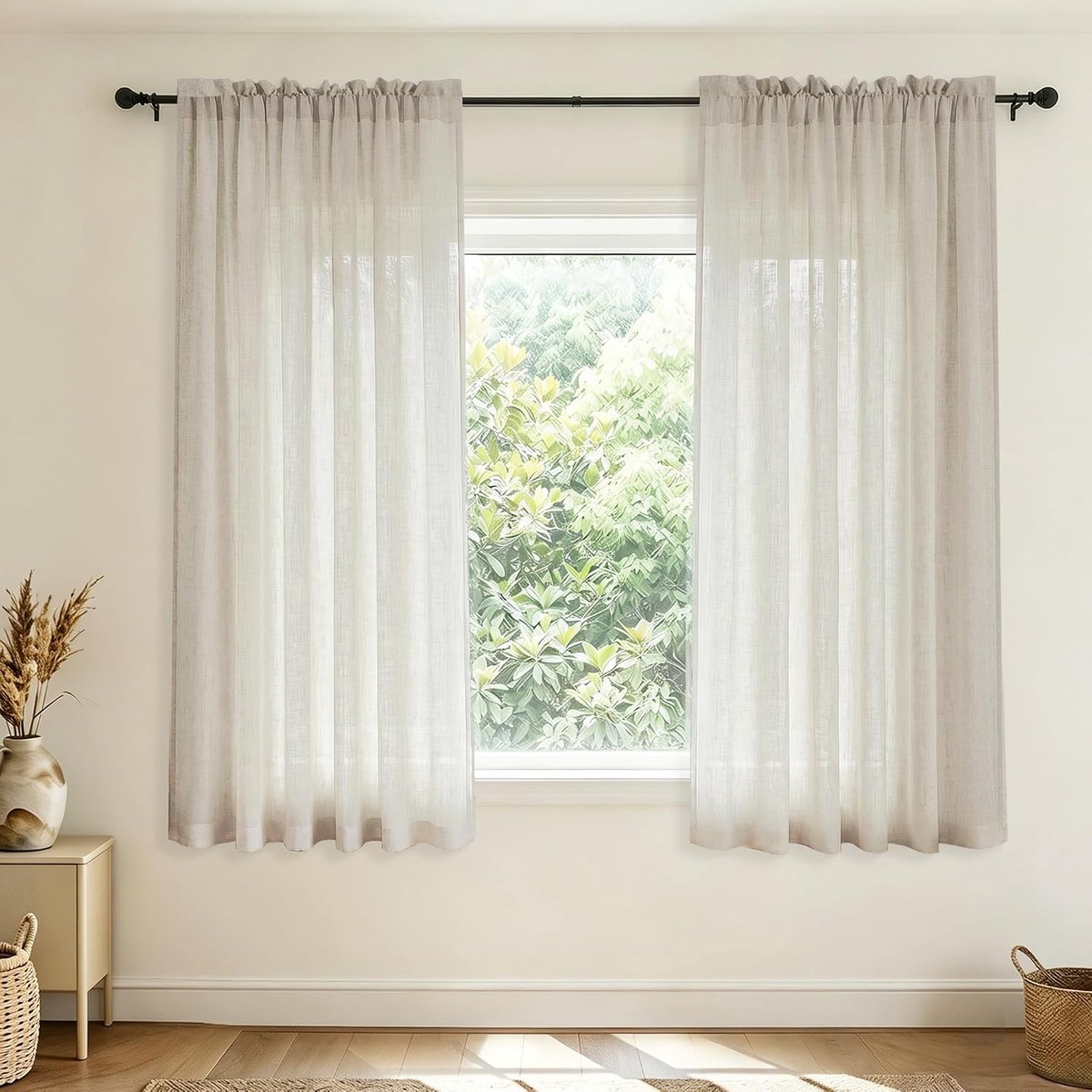 Linnen gordijnen voor kleine ramen 111 cm lengte 2 panelen roedezak jute katoen look kort lichtgewicht stijlvol klassiek accent gordijn voor keuken badkamer kelder industriële boerderij decor
