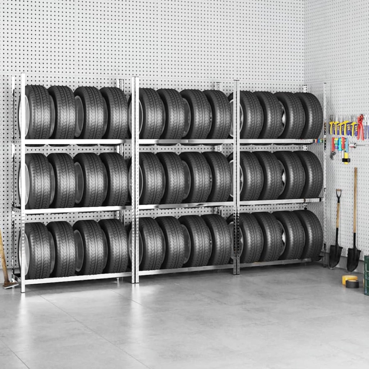 Planken, bandenstandaard, insteekrek, magazijnrek, in hoogte verstelbaar, garagerek, werkplaatsrek, zwaar belastbaar, zilver, 110 x 40 x 200 cm, staal