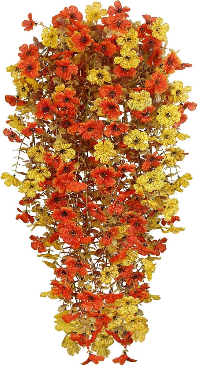 Kunstbloemen, herfstbladeren, oranje en geel, paarse orchidee om op te hangen