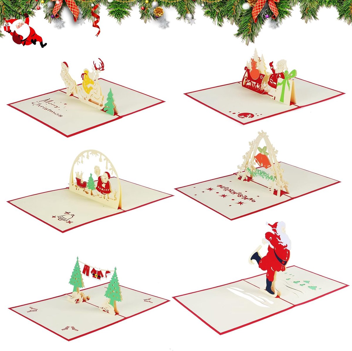 Kerstkaarten, kerstkaarten pakketten 6 stuks, 3d kerstkaarten met enveloppen, kerstman/rendier/cadeau, peperkoek man/kerstboom, wenskaart voor ouders, geliefden, kinderen, vrienden