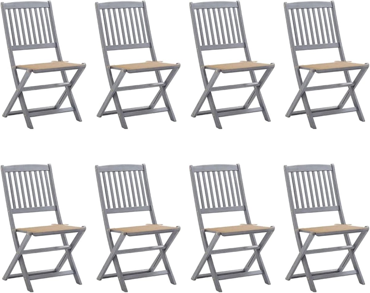 Inklapbare tuinstoelen met beige kussens, houten stoel, weerbestendig, eetkamerstoelen, terrasstoel, balkonstoel, zitmeubel, hoge rugleuning, tuinmeubelen, massief hout, acacia, 8 stuks