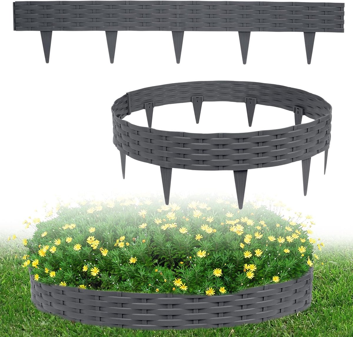 10 m gazonrand met 10 elementen van 100 cm buigbare kunststof in rotan design bloembedomlijsting gazonrand tuinpalissade Beetzaun palissaden (10 stuks, antraciet)