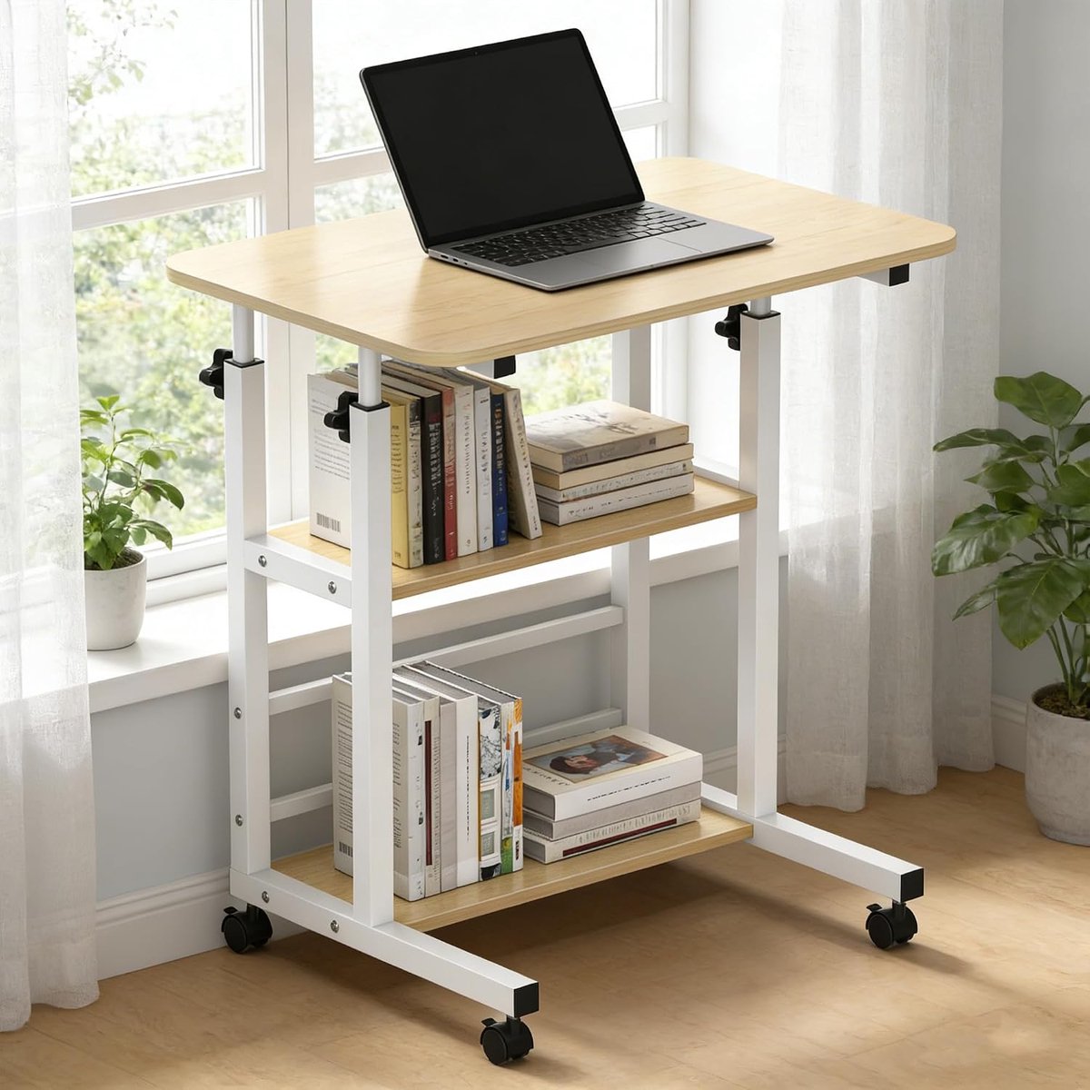 Verdego In hoogte verstelbaar bureau, bijzettafel met wielen, 2 planken, pc-tafel 40 x 60 x 63-90 cm, ruimtebesparend, kleine mobiele computertafel voor thuiskantoor, bank, bed (houtlook)