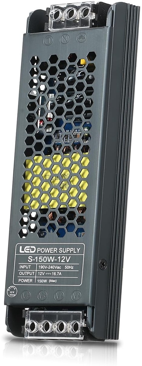 Voeding 12 V 150 W, smalle transformator AC 190 V-240 V naar DC 12 V 12,5 A, led-voeding, behuizing van aluminiumlegering, led-transformator 12 V voor ledstriplamp 16,0 x 5,0 x 2,3 cm