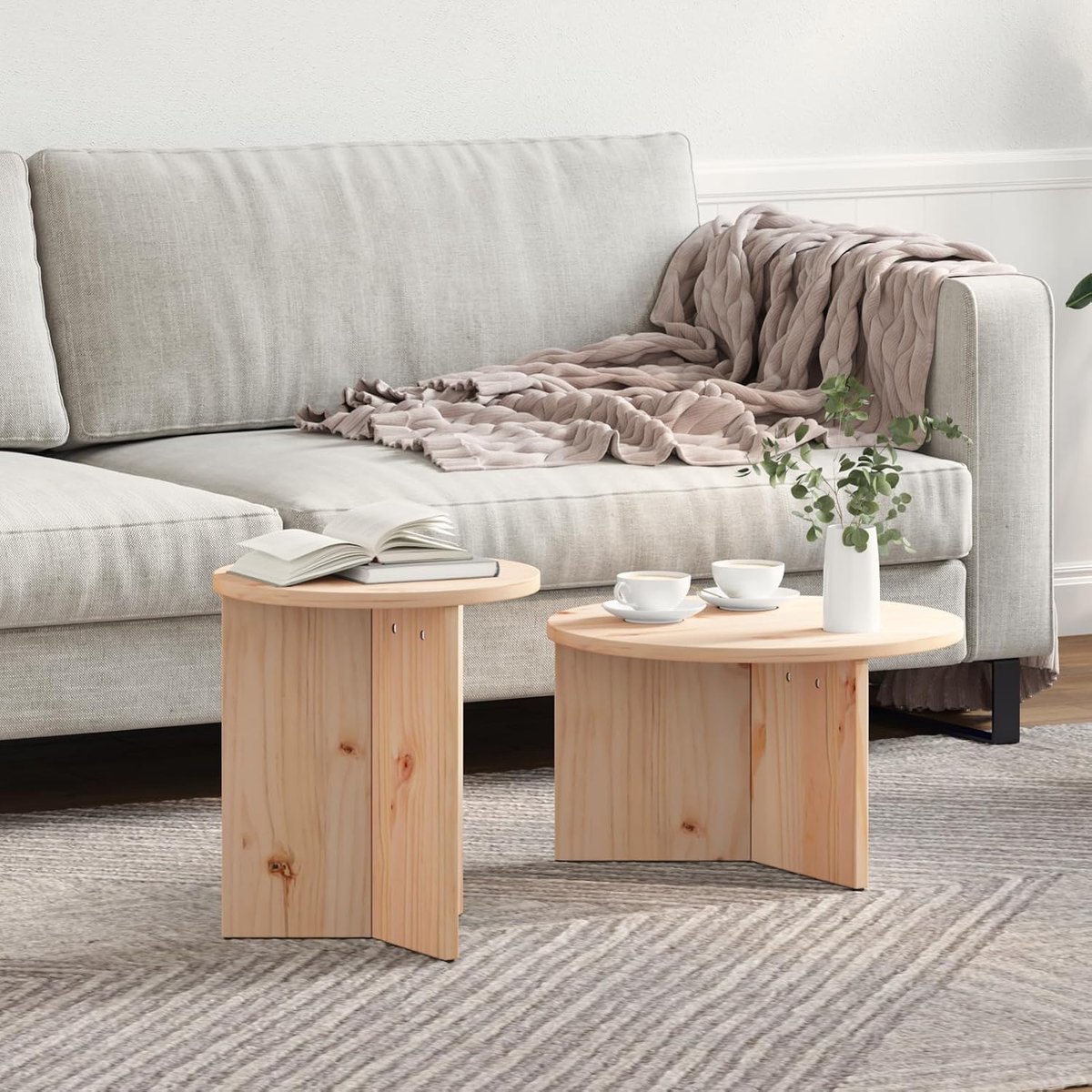 Koffietafelset, 2 stuks, naturel, 49 x 49 x 28 cm, massief grenen, bijzettafel, koffietafel, banktafel, bijzettafel, voor kleine woningen, slaapkamer, kantoor, 873550