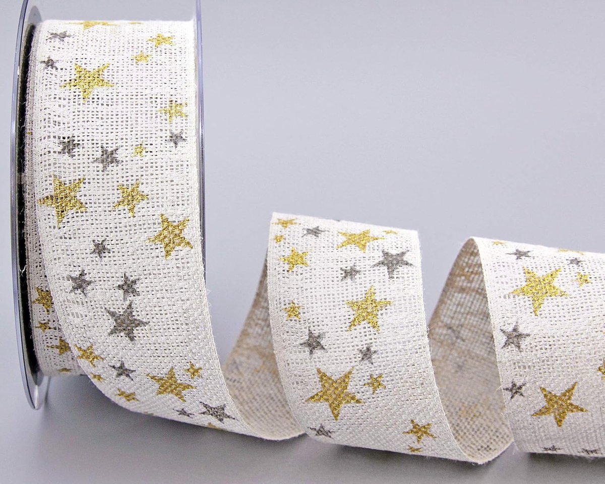 Stars, decoratief lint, 15 m x 40 mm, ivoor, goud, cadeaulint, 100% linnen, biologisch afbreekbaar, milieuvriendelijk, lint, natuur, stoffen band, landhuis, Kerstmis met sterren