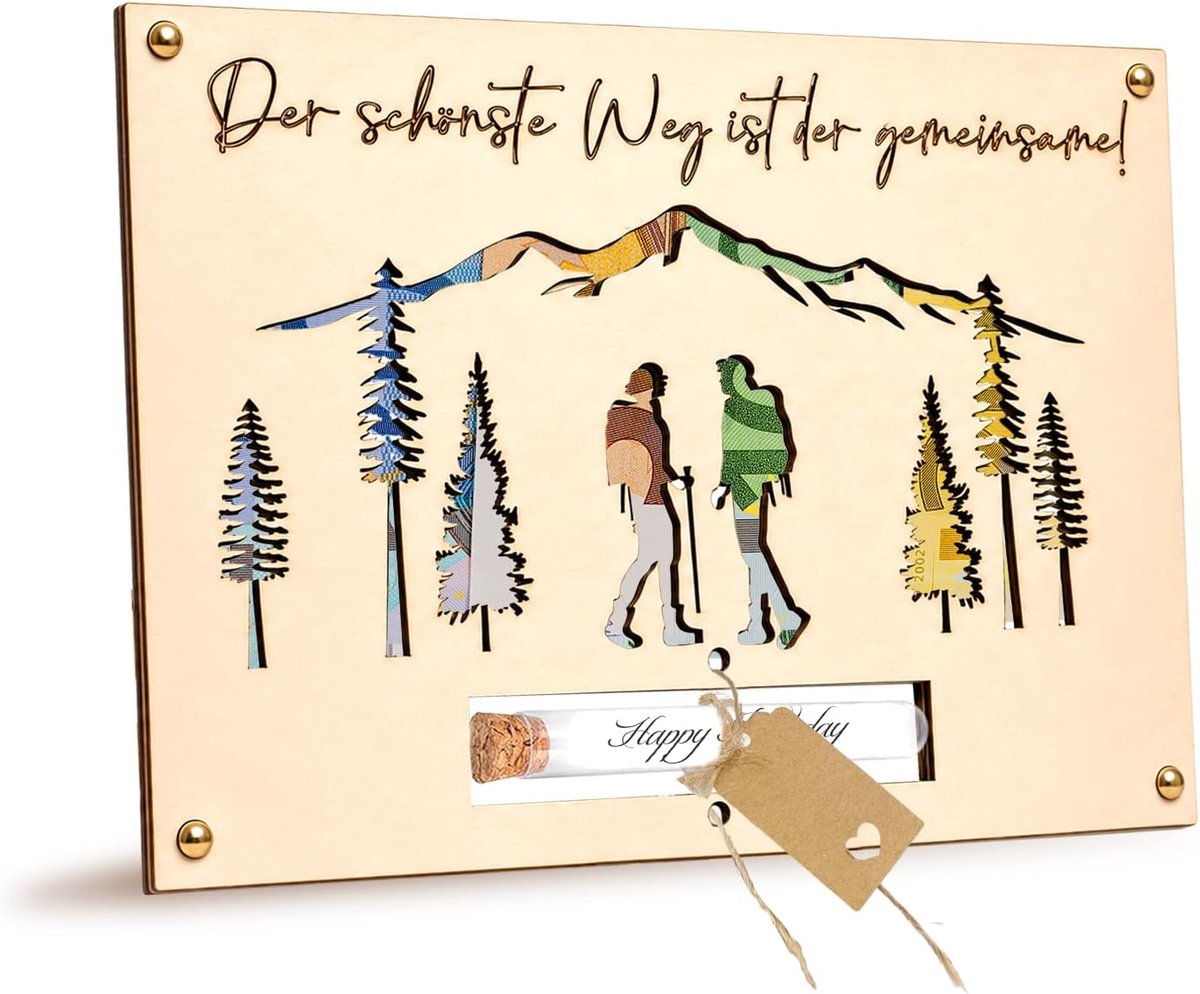 Geldgeschenk bruiloft wandelaar van hout, uniek huwelijkscadeau voor bruidspaar, paargeschenk, huwelijksgeldcadeau, huwelijksreiscadeau, personaliseerbaar in reageerbuis