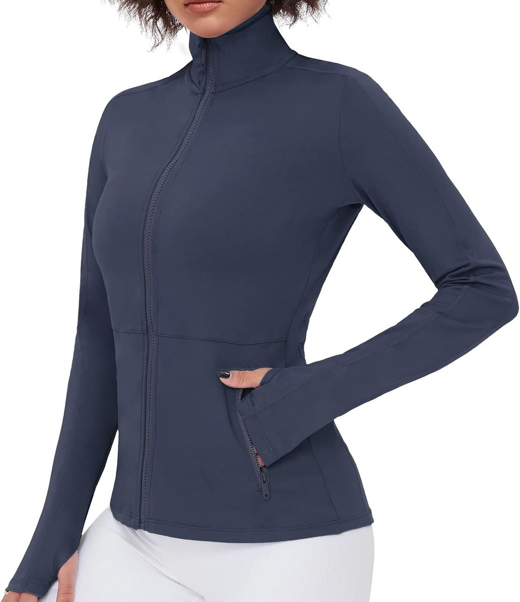 Sportjack voor dames, lange mouwen, fitness, yoga, fitness, jas met zakken, duimgaten, ademend, Donkerblauw, L