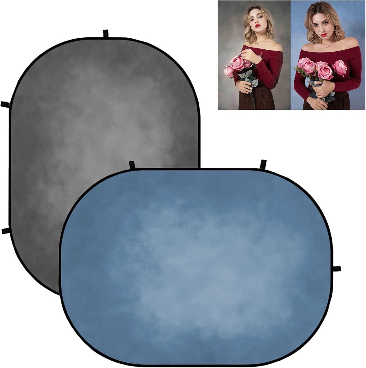 Opvouwbare achtergrond, 1,5 x 2 m, donkergrijze abstracte textuur/smog blauwe pop-up achtergrond, dubbelzijdig microvezel flexibel frame achtergrond fotografie draagtas inbegrepen