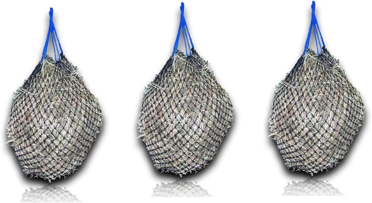 Hooienet voor paarden extra strak 3,5 cm net + gratis karabijnhaak, diervoeders (3x blauw)