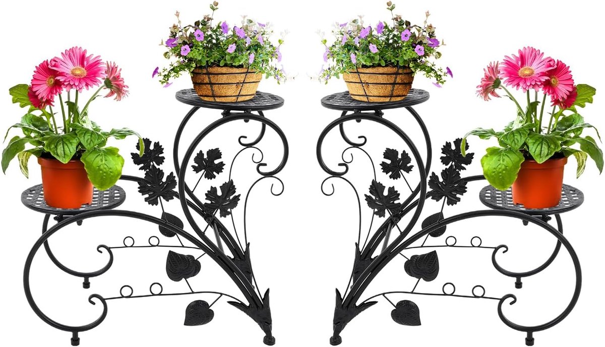 Metaal, bloementrap, outdoor, plantenrek, bloemenrek, 2-delige set, vrijstaand, plantentrap voor balkon, tuin, terras (zwart)