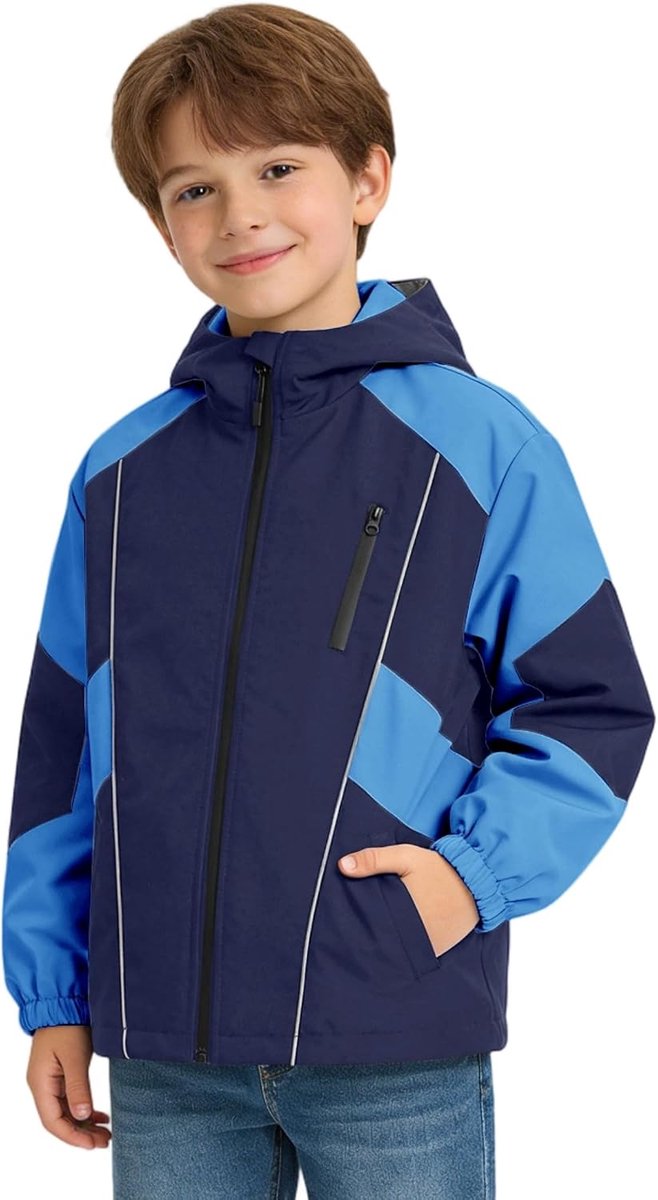 Waterdichte jas voor jongens, lichtgewicht windbreaker-regenjas met capuchon, ritssluiting, softshell bovenkleding, marineblauw, 130, 7-8 jaar