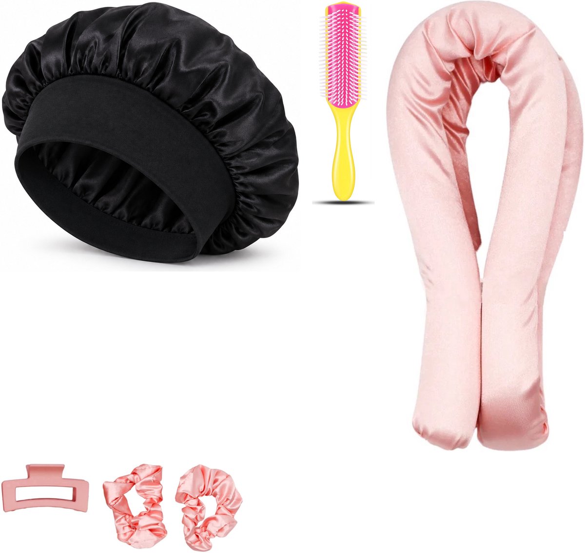 Professor Q Heatless Curls Set - Heatless Curlset met 2 Elastiekjes en Klem - Bonnet Zwart - Fusion Pink Borstel