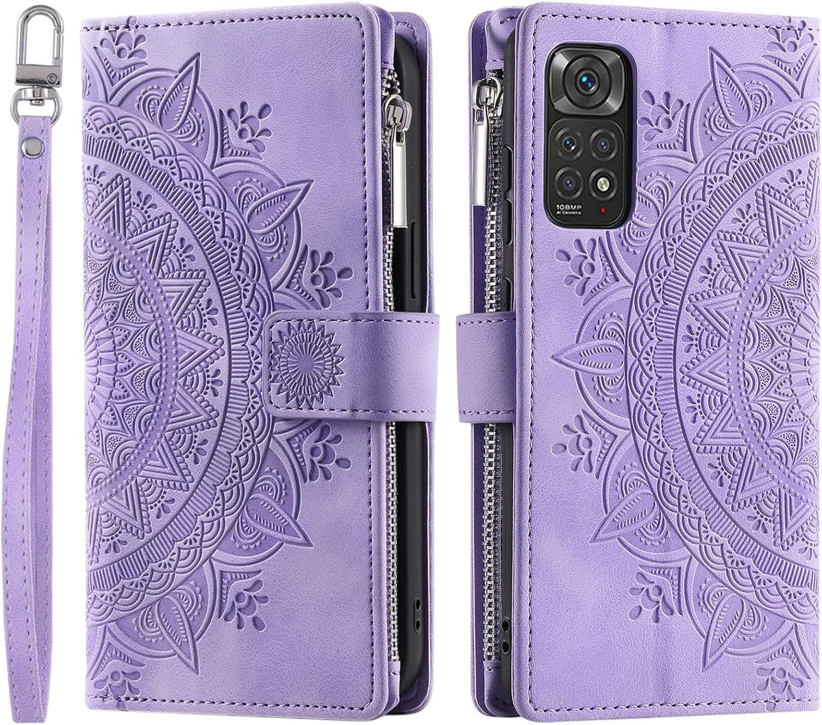 Hoes voor mobiele telefoon voor Xiaomi Redmi Note 11S, klapbare telefoonhoes met bloemenmotief, beschermhoes met kaartenvak, Redmi Note 11, mobiele telefoonhoes, boekcover, flip case, standaard, paars