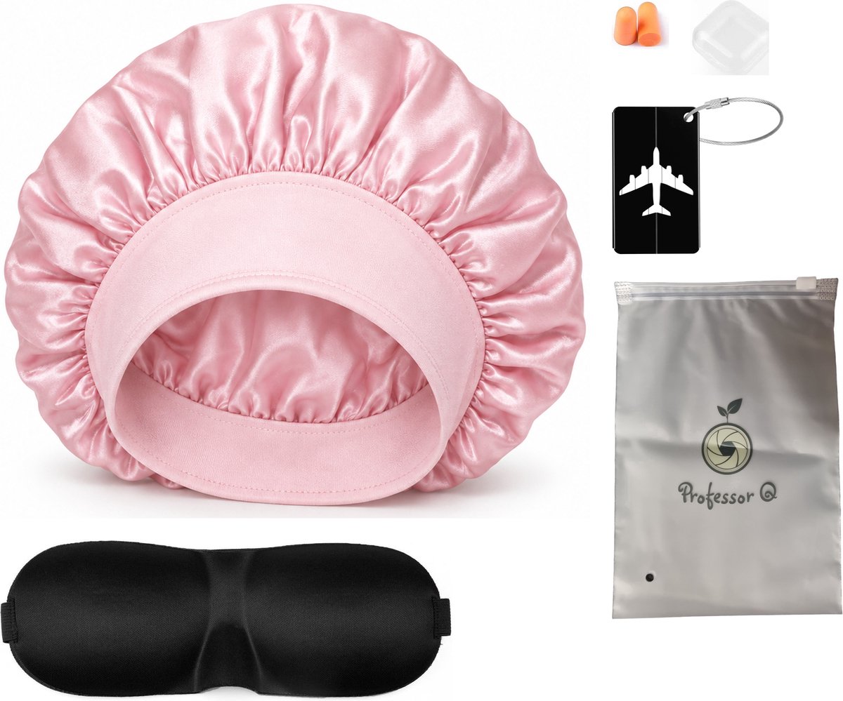 Professor Q Reisset - Aluminium Kofferlabel Zwart - Slaapmasker Zwart - Bonnet Roze