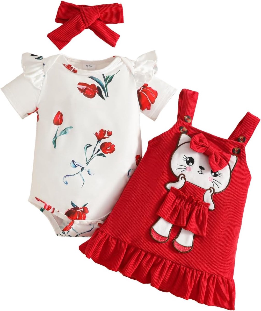 Set voor baby's, meisjes, korte mouwen, hartpatroon, rok, bandjes, beer, hoofdband met strik, 0-18 maanden