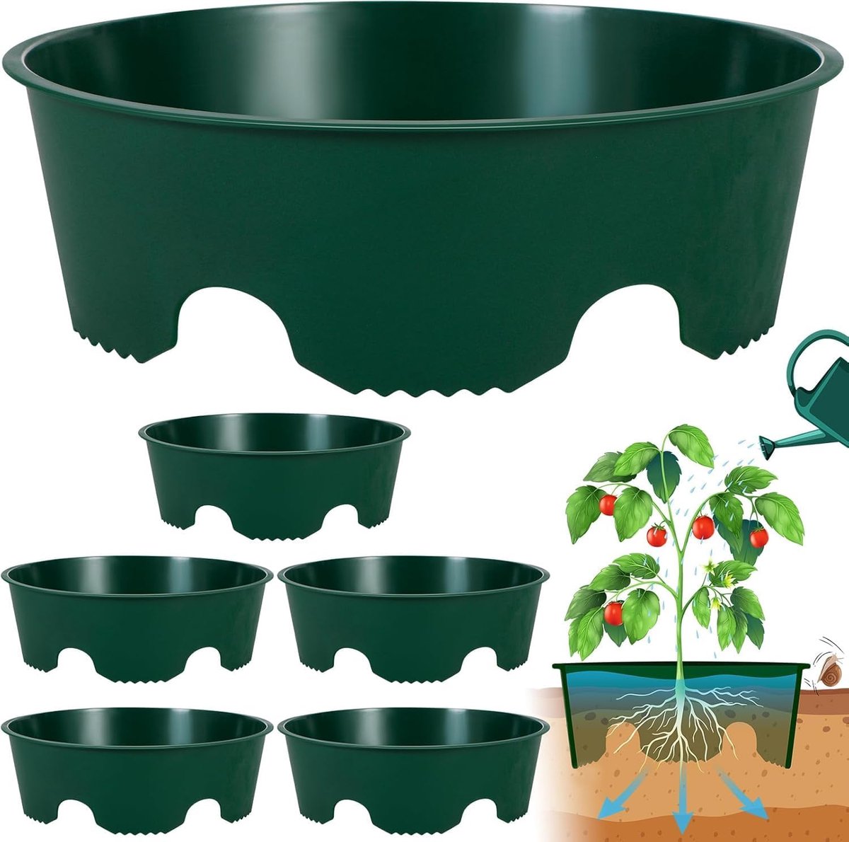 Set van 6 plantenringen en irrigatieringen Ø 25 cm, giethulp voor planten, plantenring als slakkenbescherming en bescherming tegen vorst, irrigatiesysteem voor broeikas en tuin