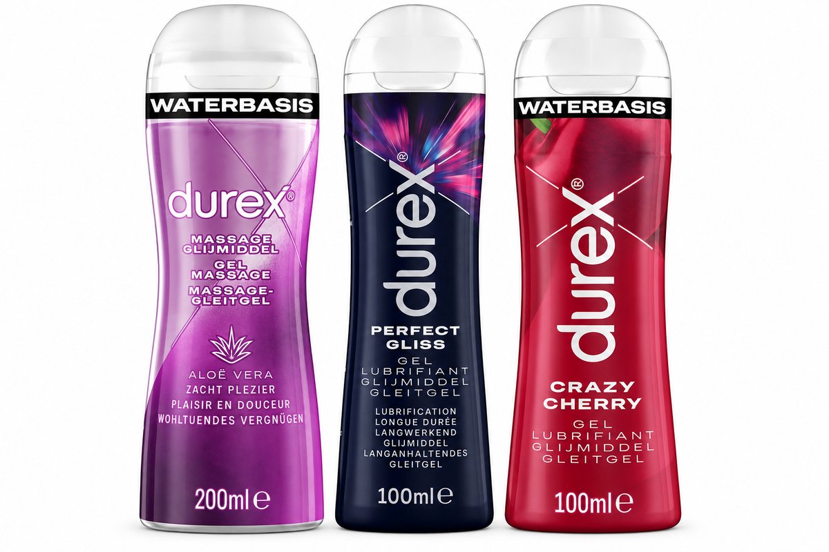Durex Glijmiddel Variatiebundel – Aloë Vera 200 ml + Perfect Gliss 100 ml + Crazy Cherry 100 ml – 3 Stuks – 400 ml