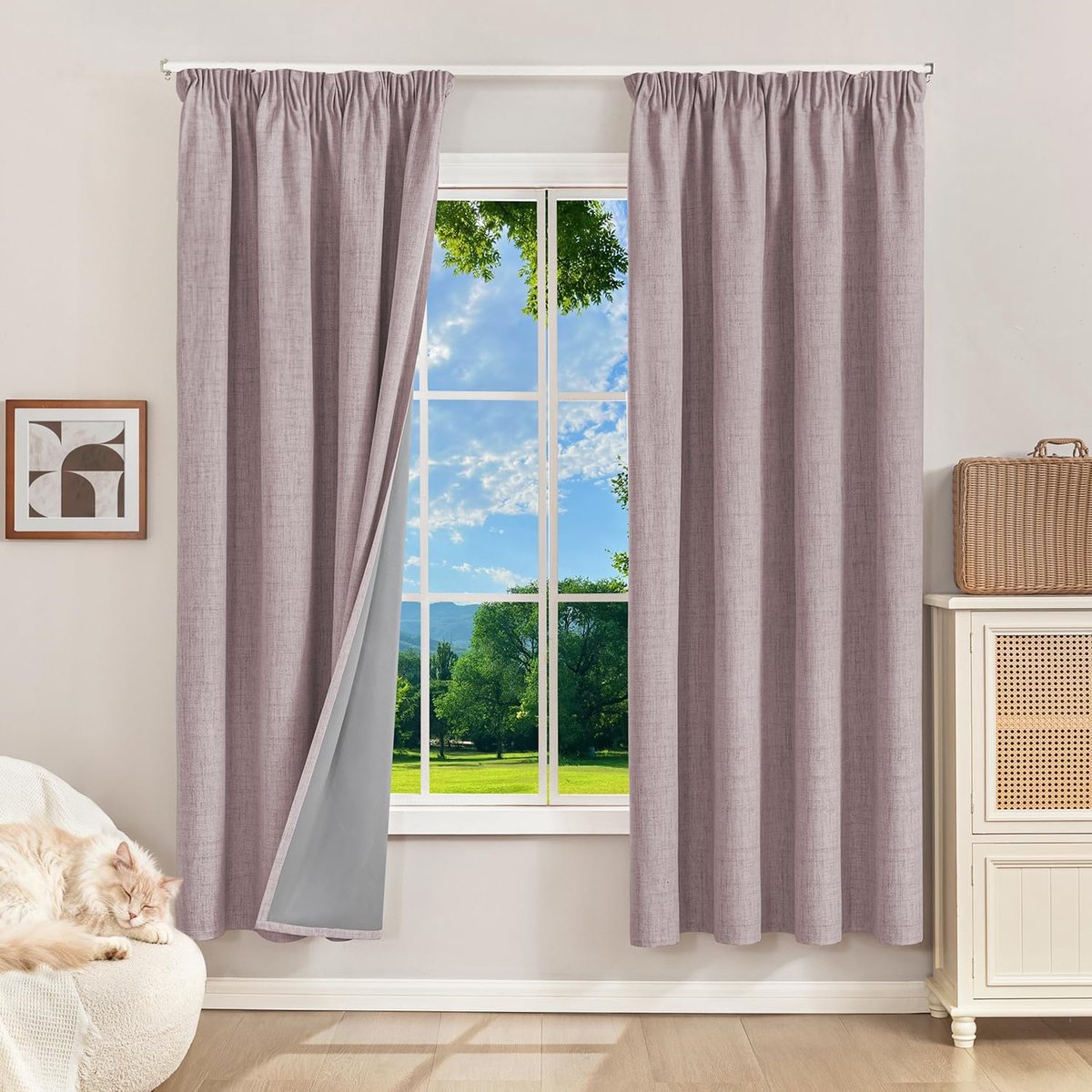 100% verduisteringsgordijnen, thermische gordijnen, koudebescherming, gordijnen met plooiband, 175 x 140 cm (h x b), set van 2, linnenlook, gordijnen, ondoorzichtig, roze, schuifgordijnen