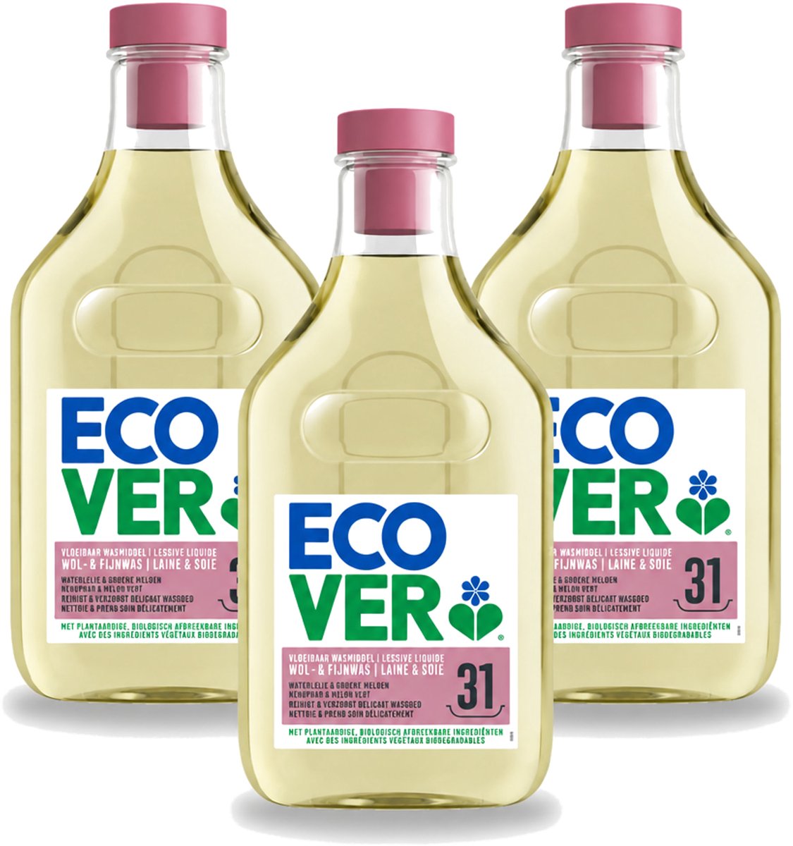 3 x Ecover - Vloeibaar Wasmiddel - Wol & Fijn Was - Waterlelie & Groene Meloen - 31 Wasbeurten - 1.43 L - Voordeelverpakking - 3 stuks