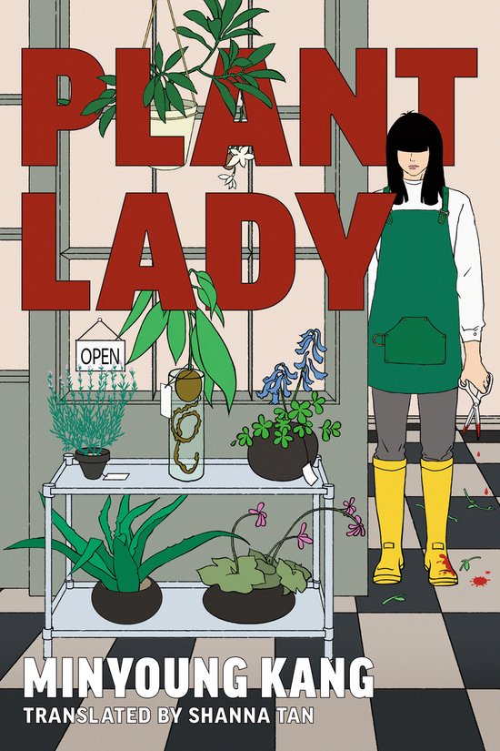 Een vrouw met zwart haar, een groene schort en gele laarzen staat naast planten. De titel "PLANT LADY" staat in rode letters.