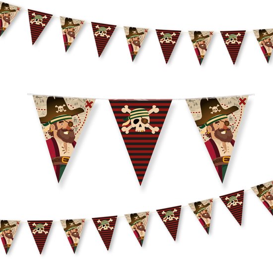 Drie slingerlijnen met piratenthema. De vlaggen hebben piraten, schedels met bandanas en rood-zwarte strepen.