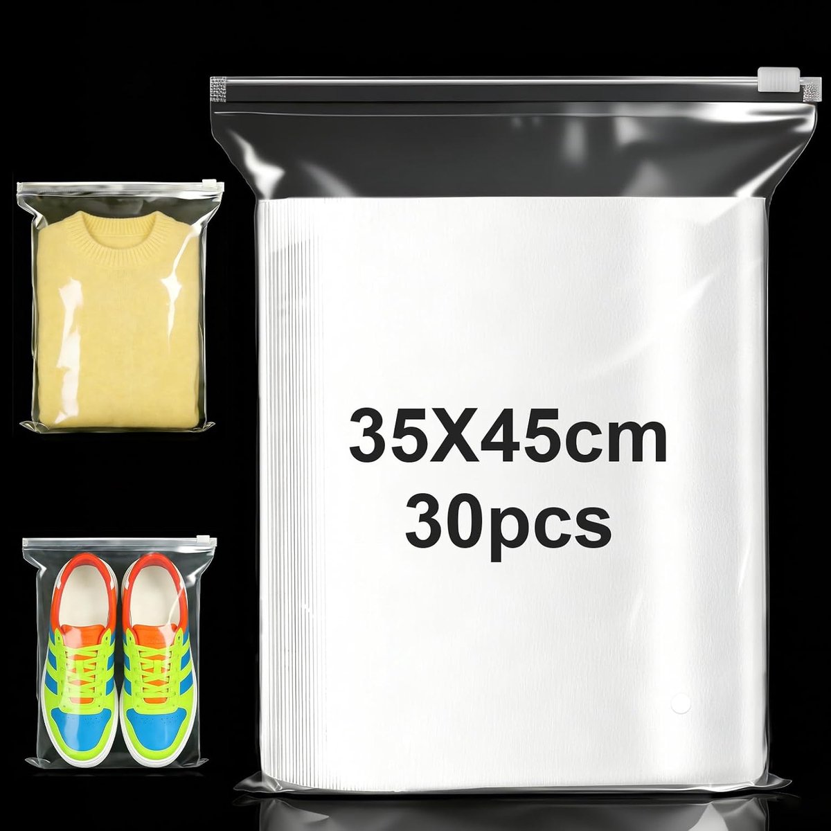 30 stuks zakken met ritssluiting, groot, 35 x 45 cm, hersluitbare zakken met ritssluiting, ruimtebesparende plastic zakken met ritssluiting, ventilatiegaten voor kleding, schoenen, cosmetica
