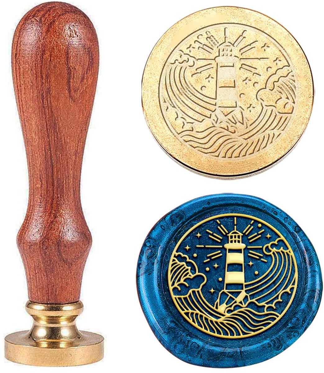 1 stuk vintage waszegelstempel vuurtoren zegelwasstempel zeegolven wasstempel 25 mm afneembare messing kopstempel met houten handvat voor enveloppen, uitnodigingen verpakking