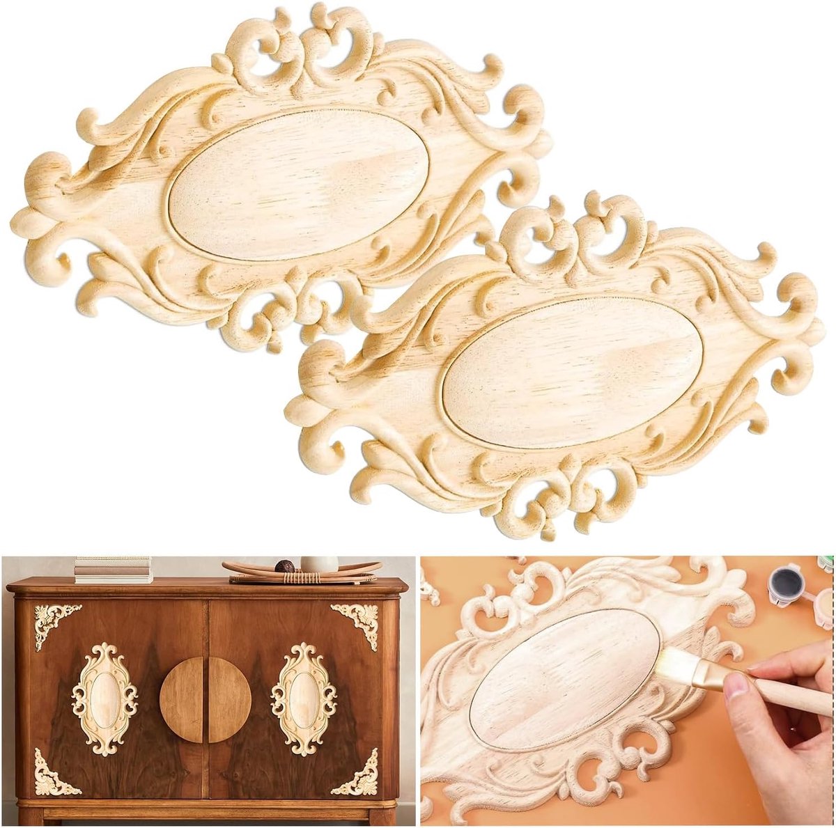 ornamenten, 2 stuks, houten ornamenten, houten ornamenten voor meubels, hout, gesneden meubels, houten ornamenten, ovale houten ornamenten, wandversiering, vintage