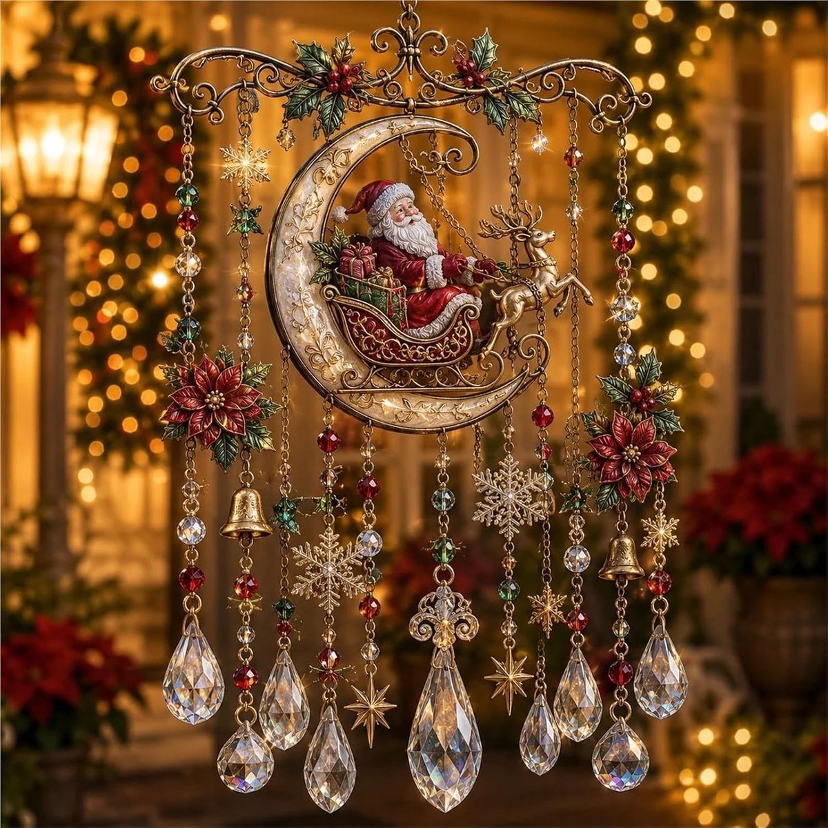 Casalora® Kerst-zonnevanger met windgong – Raamhanger in glas-in-loodstijl – Plat 2D-ornament van acryl – Woondecoratie – Decoratief cadeau voor herfst/winter – Geschikt voor binnen en buiten – De Kerstman