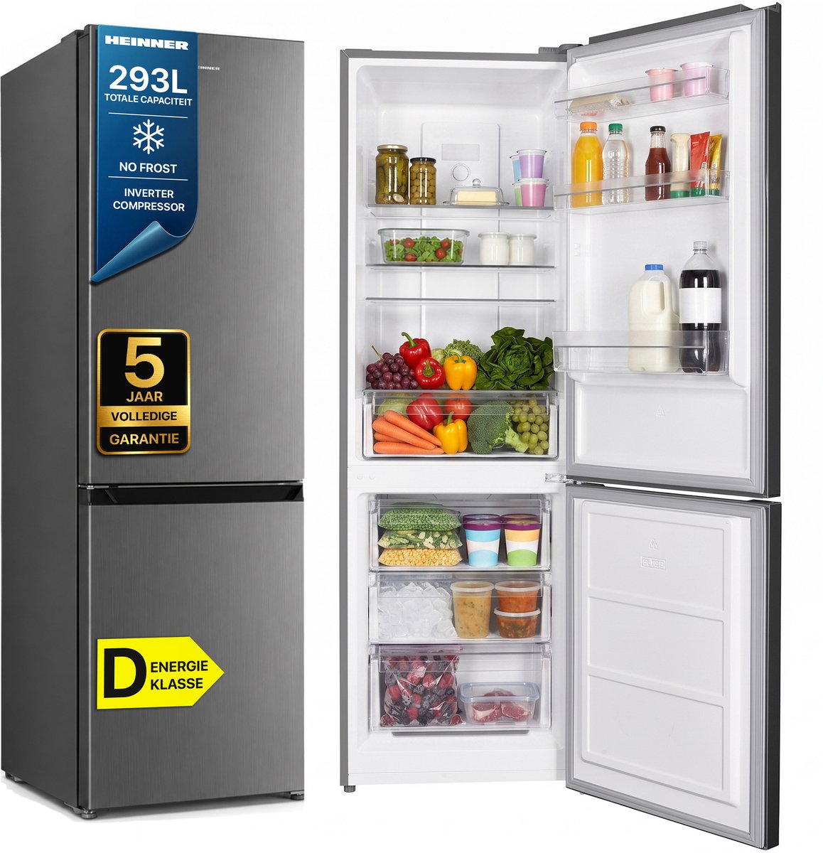 Heinner HCNF-HM293INVXD Koel-vriescombinatie – 293 L – Total No Frost – Inverter Compressor – Energieklasse D – Instelbare Thermostaat – LED-verlichting – RVS – 5 Jaar Garantie