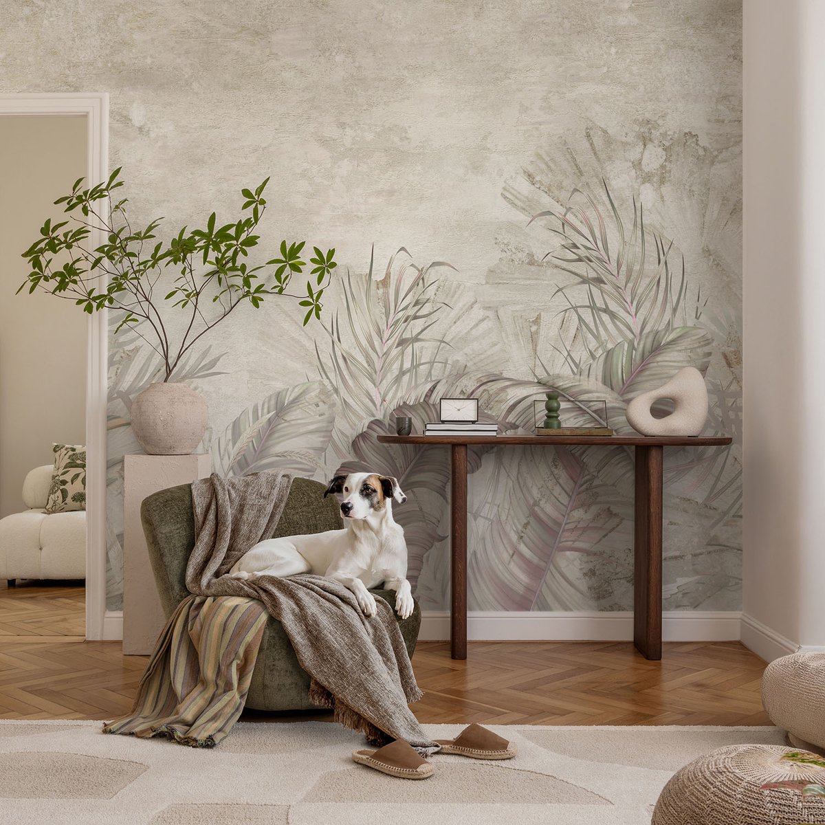 Coloray Vliesbehang - Beige Snellijm Behang - 104x70 cm - Decoratieve Bladeren Muurschildering - Gang behang Bloemen En Planten - Fotobehang Vlies - Slaapkamer behang