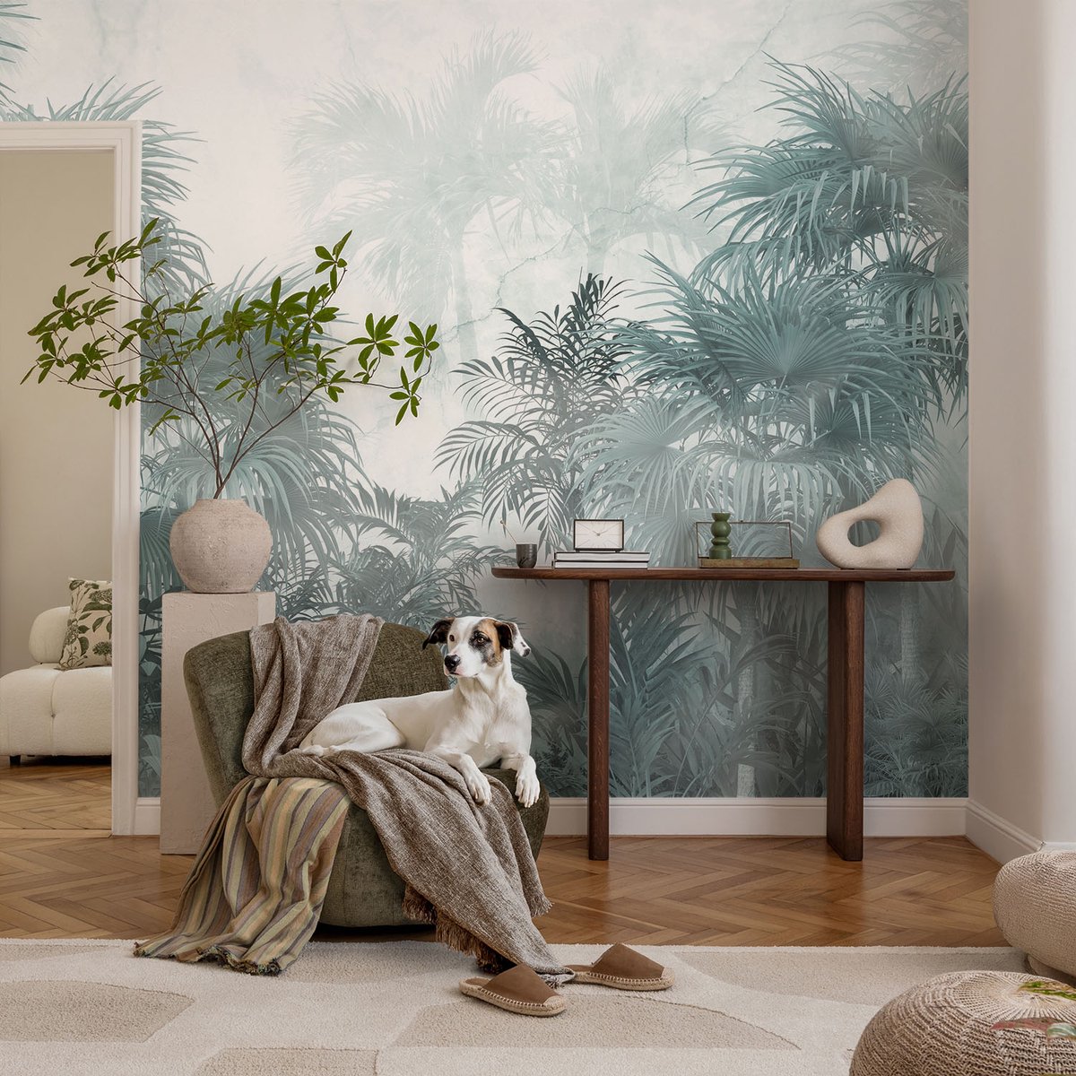 Coloray Vliesbehang - Blauw Snellijm Behang - 104x70 cm - Exotisch Groen Muurschildering - Gang behang Bloemen En Planten - Fotobehang Vlies - Gang behang