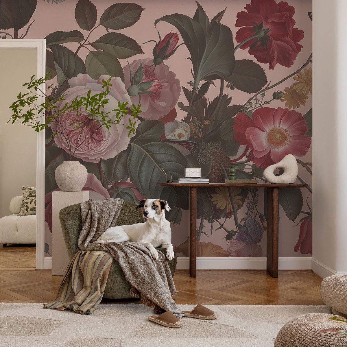 Coloray Vliesbehang - Roze Snellijm Behang - 104x70 cm - Bloemige Elegantie Fotobehang Vlies - Hal behang Bloemen En Planten - Muurschildering - Hal behang