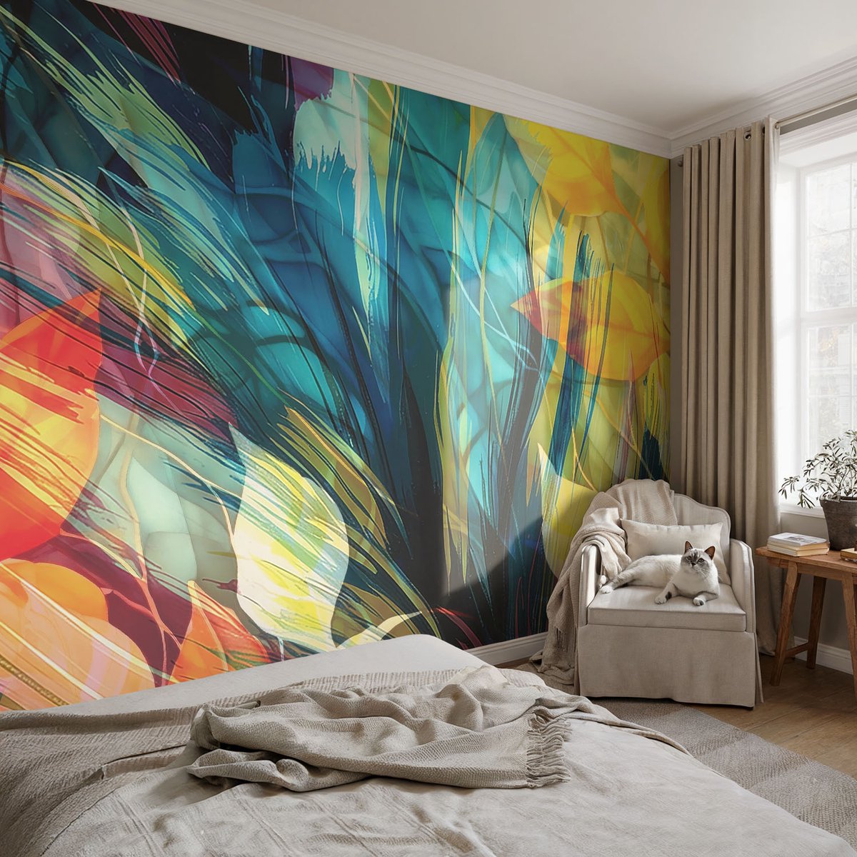 Coloray Vliesbehang - Blauw Snellijm Behang - 104x70 cm - Abstracte Bladeren Muurschildering - Gang behang Abstractie - Fotobehang Vlies - Slaapkamer behang