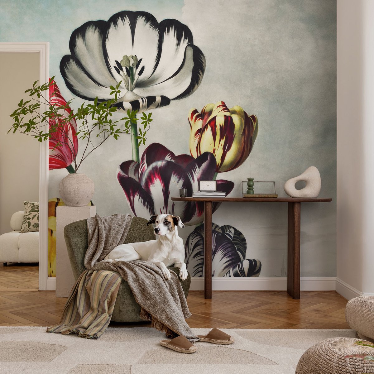 Coloray Vliesbehang - Zwart Snellijm Behang - 104x70 cm - Kleurrijke Tulpen Fotobehang Vlies - Woonkamer behang Bloemen En Planten - Muurschildering - Woonkamer behang