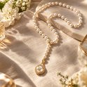 Ketting met zoetwaterparels en gouden accenten, met een bloemvormige hanger, op een stoffen achtergrond.